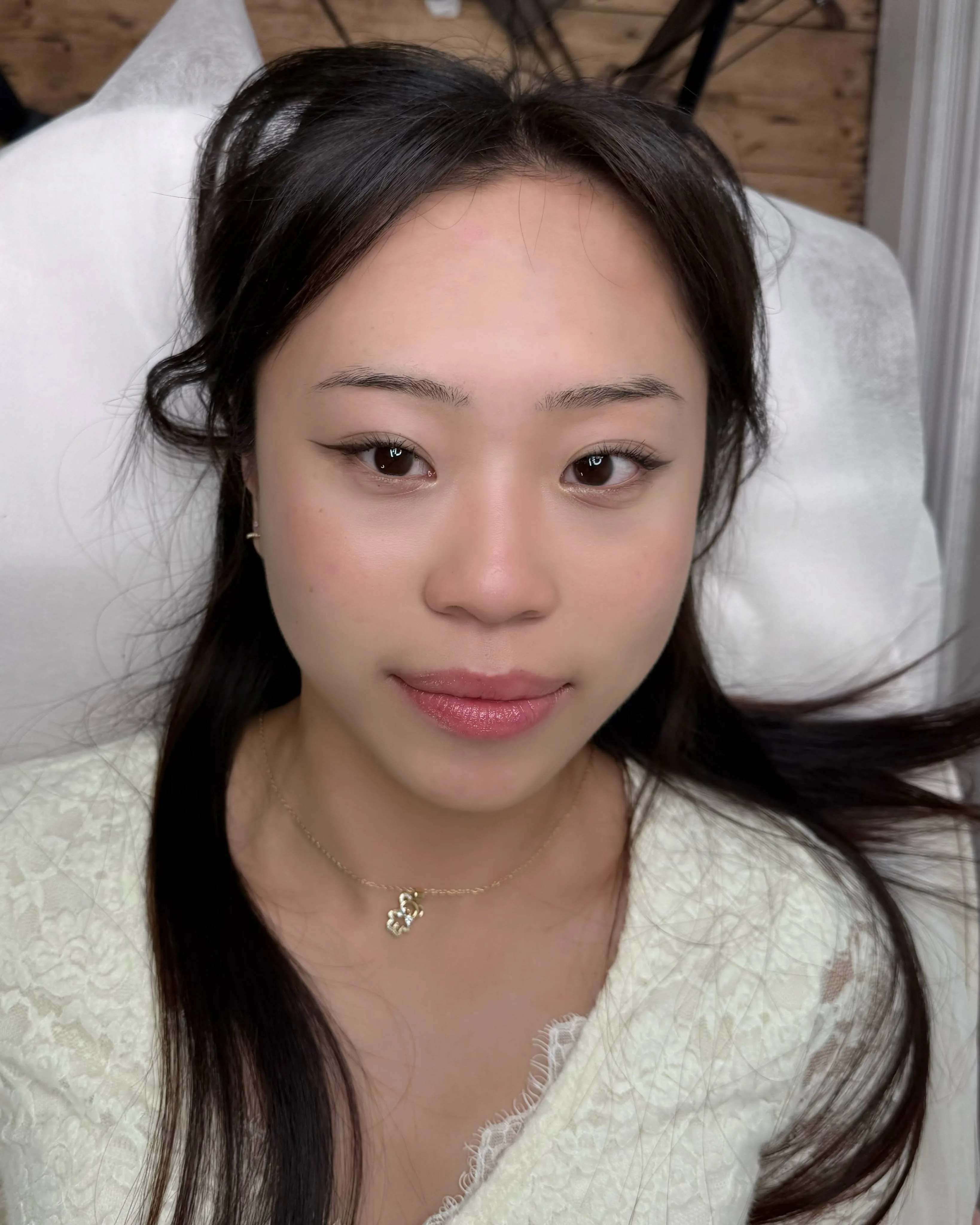 Front-facing client, finished brows and eyeliner — Brows By Liz